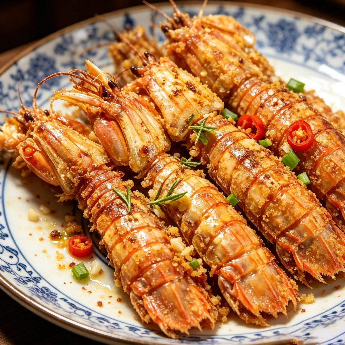 Whole mantis shrimp with striped segmented shell