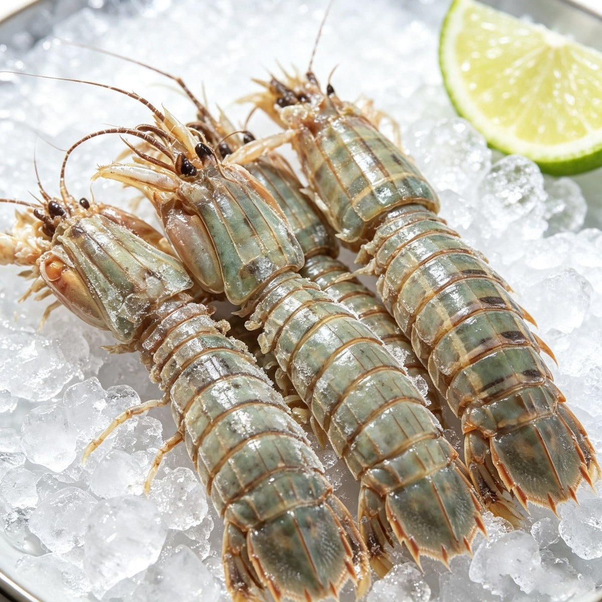 Whole mantis shrimp with striped segmented shell