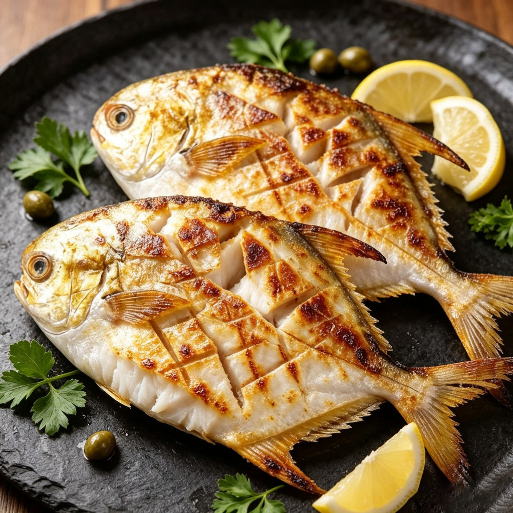 Whole golden pomfret with bright yellow fins and silver-gold skin