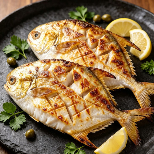Whole golden pomfret with bright yellow fins and silver-gold skin