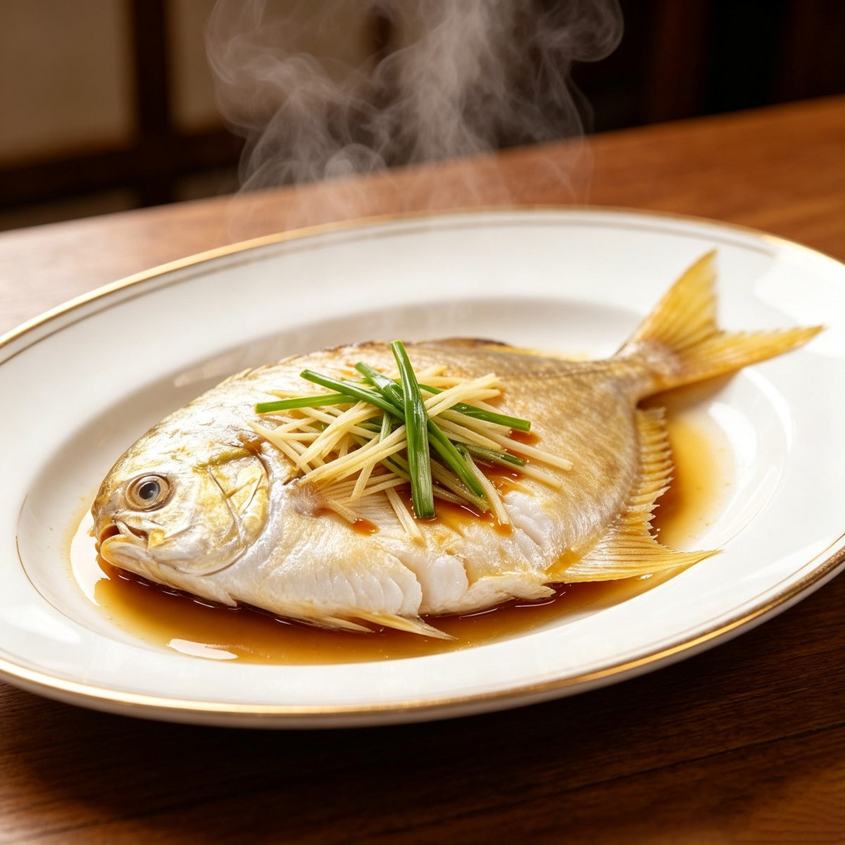 Whole golden pomfret with bright yellow fins and silver-gold skin