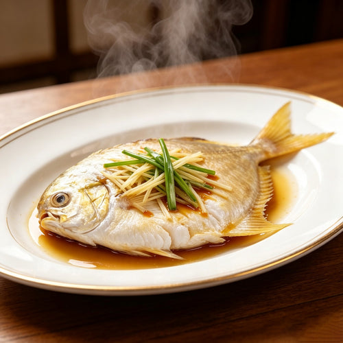 Whole golden pomfret with bright yellow fins and silver-gold skin