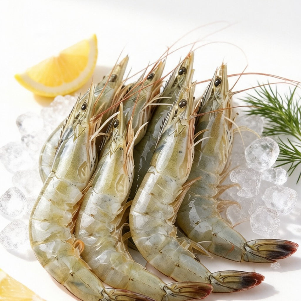 Plump white prawns with translucent blue-grey shells on ice