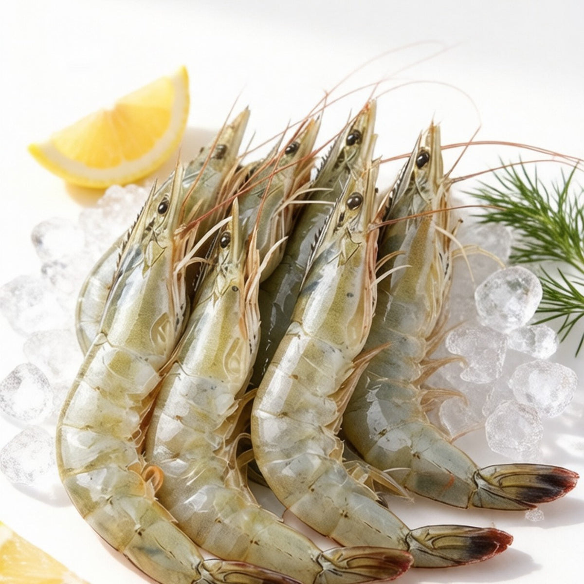 Plump white prawns with translucent blue-grey shells on ice