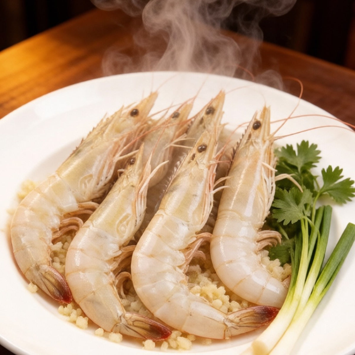 Plump white prawns with translucent blue-grey shells on ice