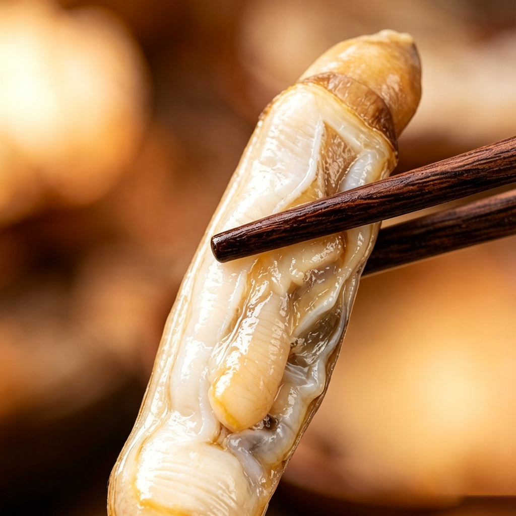 Plump shelled razor clam meat, cleaned and ready to cook