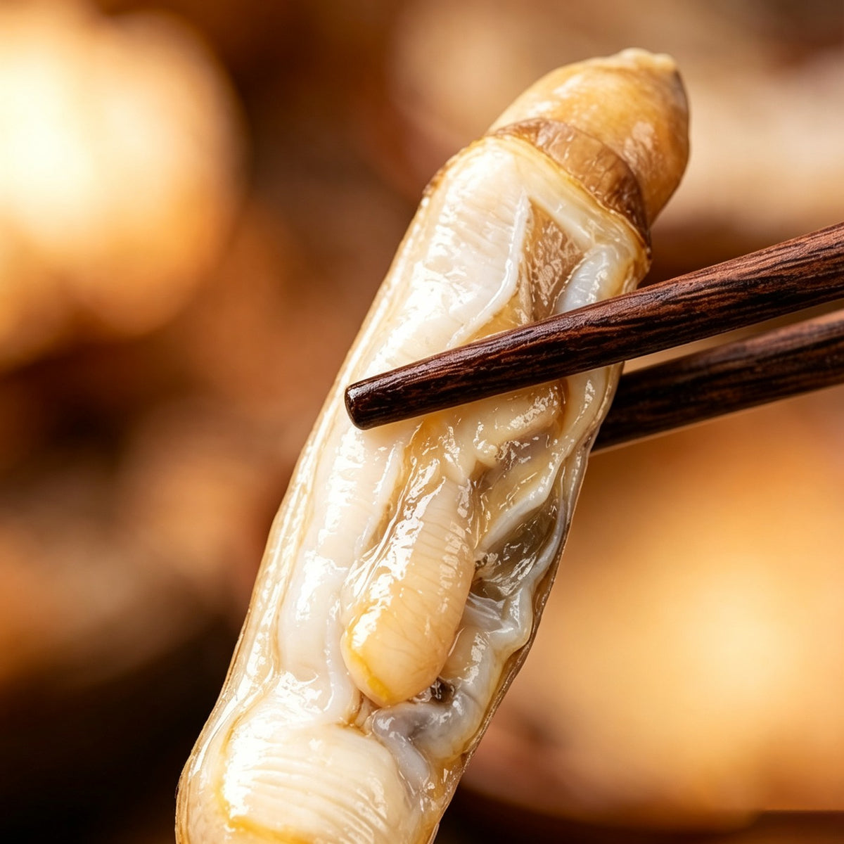 Plump shelled razor clam meat, cleaned and ready to cook