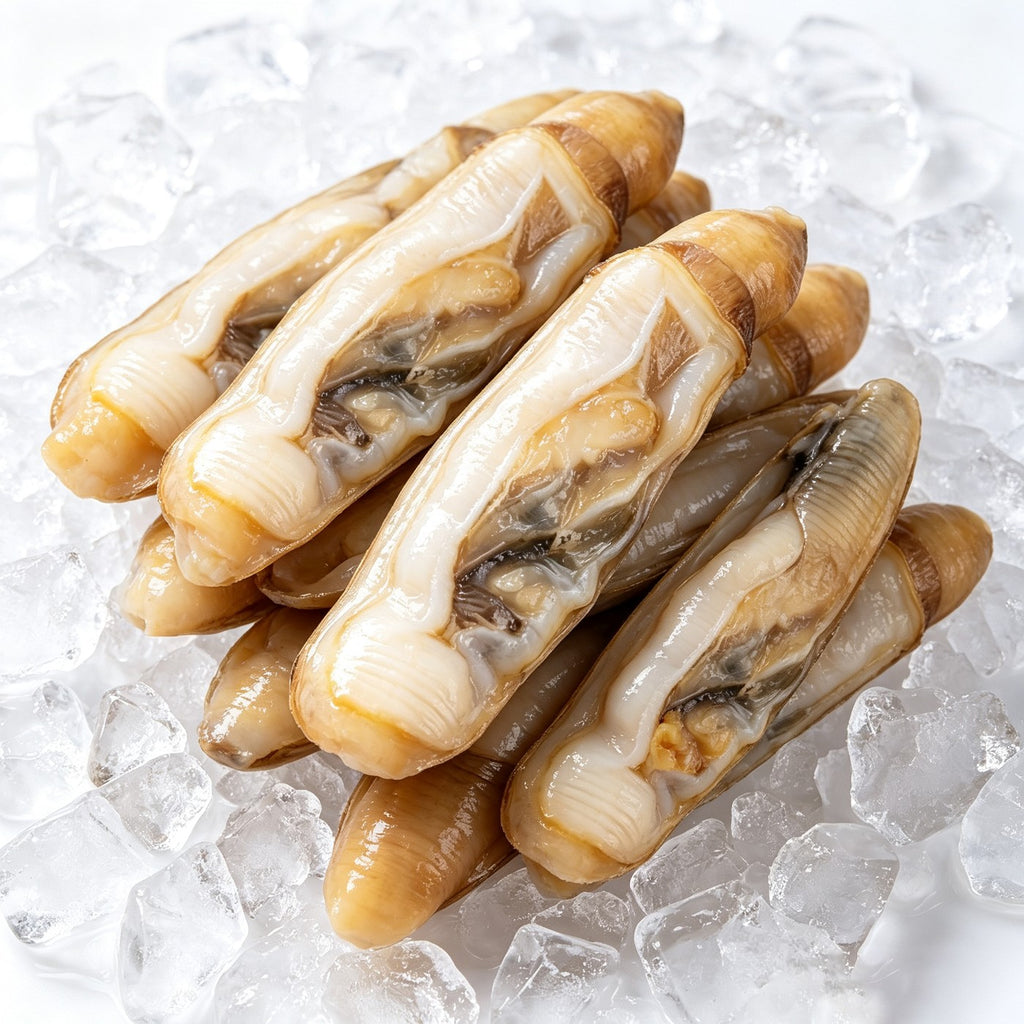 Plump shelled razor clam meat, cleaned and ready to cook