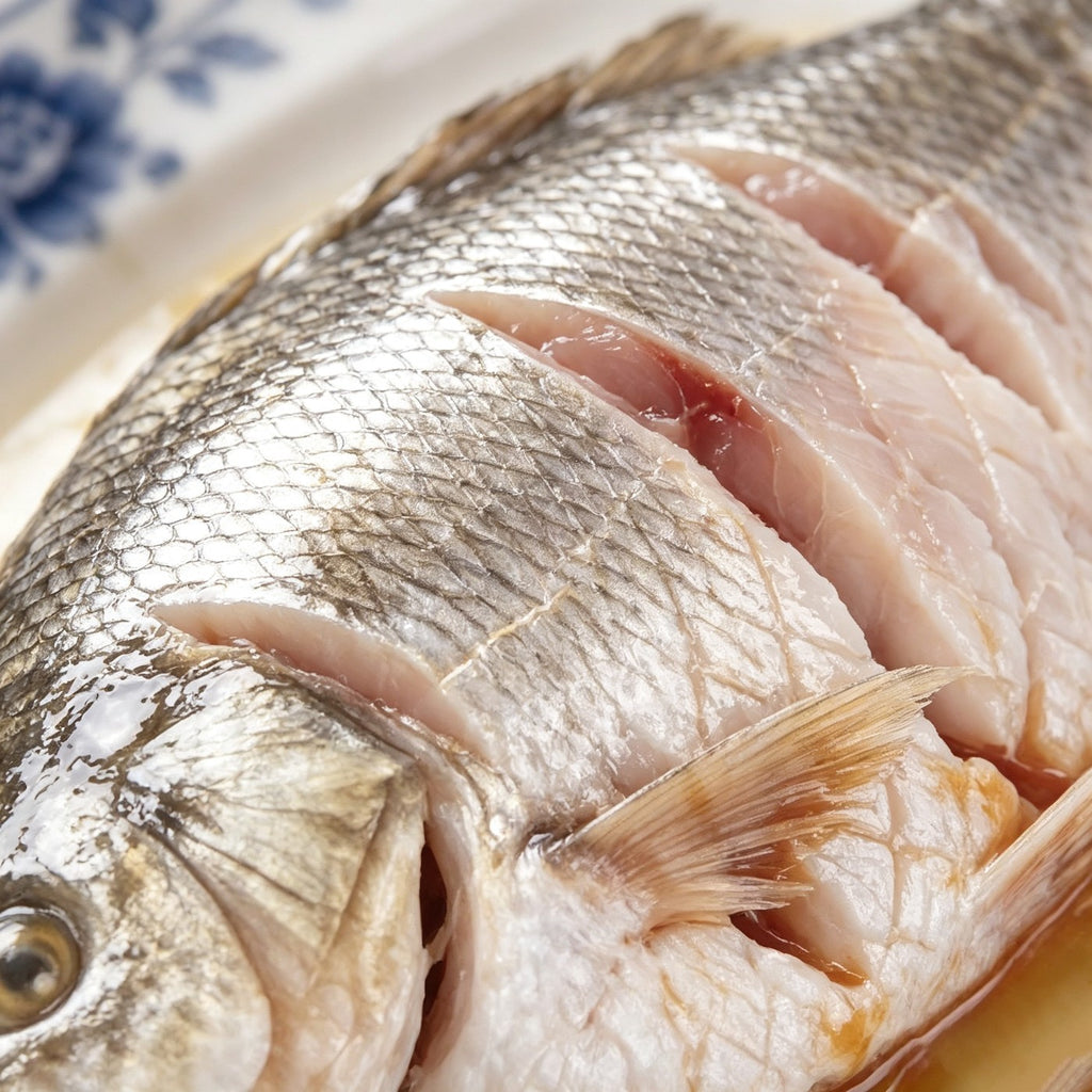 Whole wild-caught sea bass with silvery-grey skin