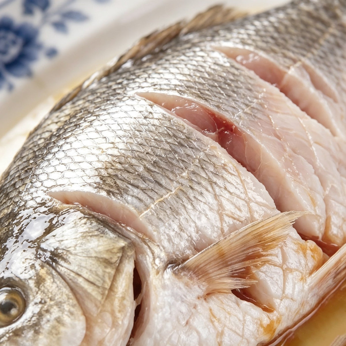Whole wild-caught sea bass with silvery-grey skin