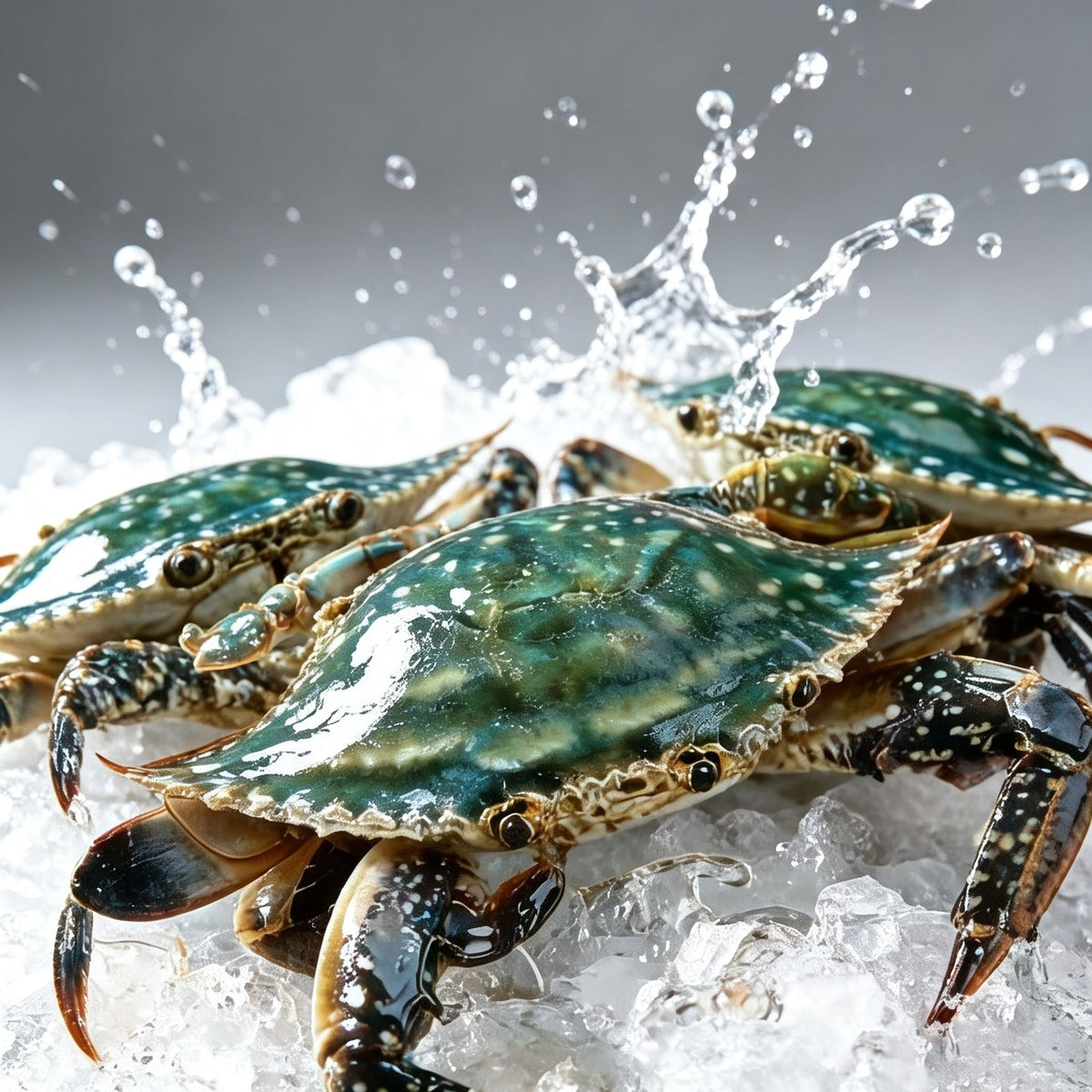 Whole wild-caught swimming crab with speckled blue-green shell