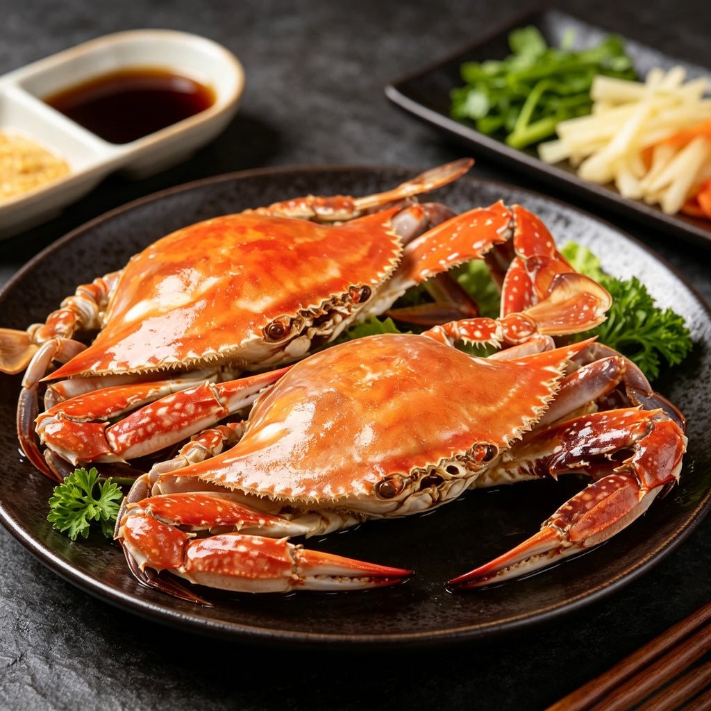 Whole wild-caught swimming crab with speckled blue-green shell