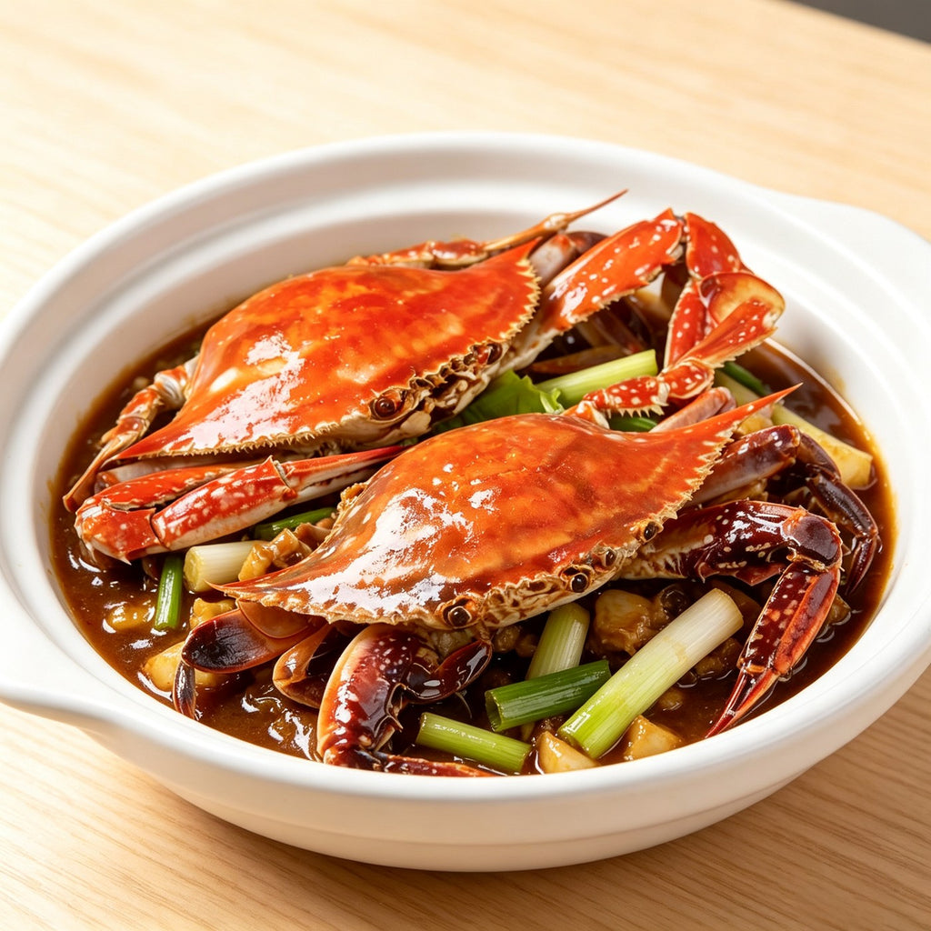 Whole wild-caught swimming crab with speckled blue-green shell
